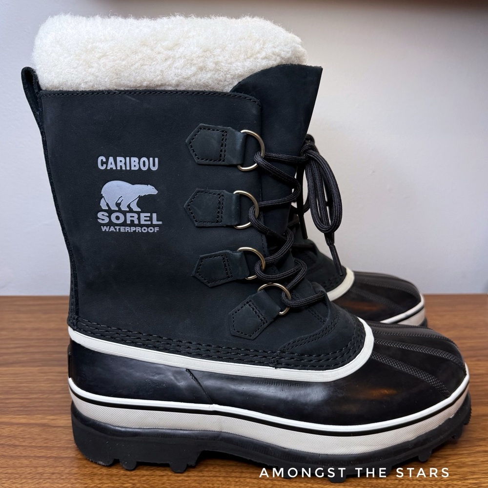 Sorel Caribou Black & Stone Nubuck Suede Faux Shearling Waterproof Lace Up Boots